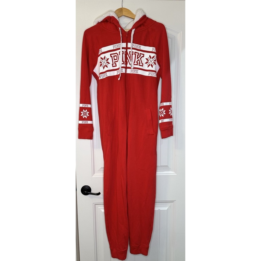 Victoria Secret PINK‎ jumpsuit pajama SP Hooded Sherpa Red Valentine